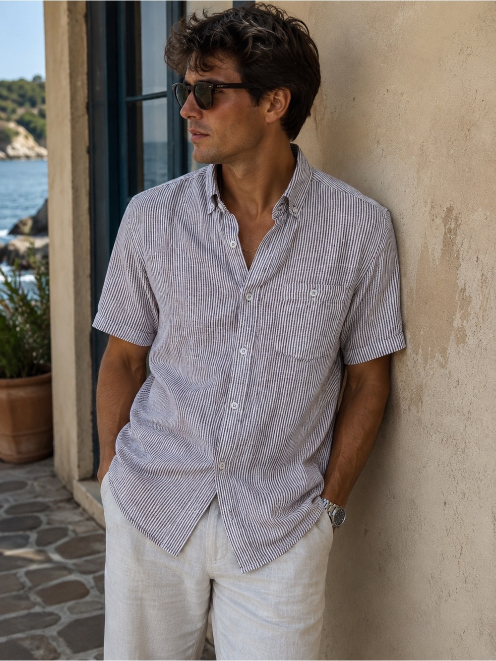 Heritage Short-Sleeve Striped Button-Down Shirt - White & Brown